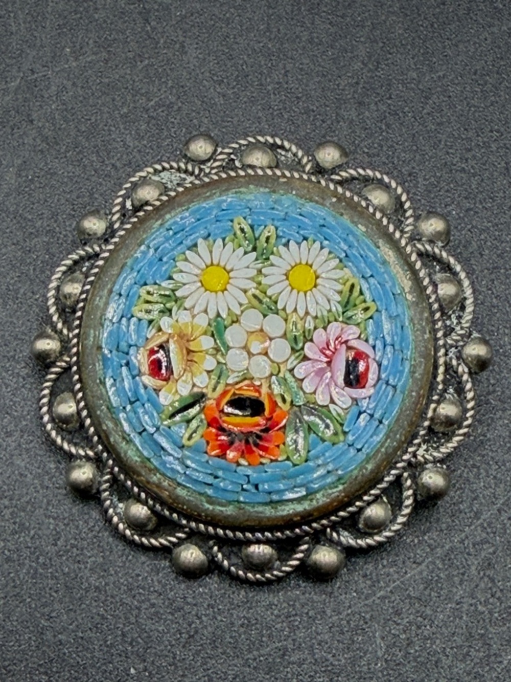 Vintage ALP Italy Micro Mosaic Floral Brooch Pin Rose Daisy Flower Oval Jewelry